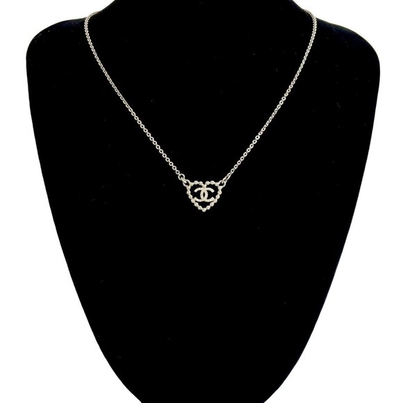 CHANEL Coco Mark Heart Motif Rhinestone Necklace Pendant Silver 22353